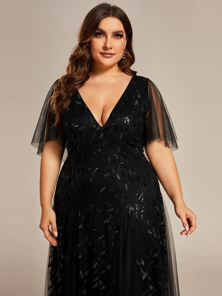Women's Plus Size V-Neck Embroidered Tulle Evening Gown with Flutter Sleeves