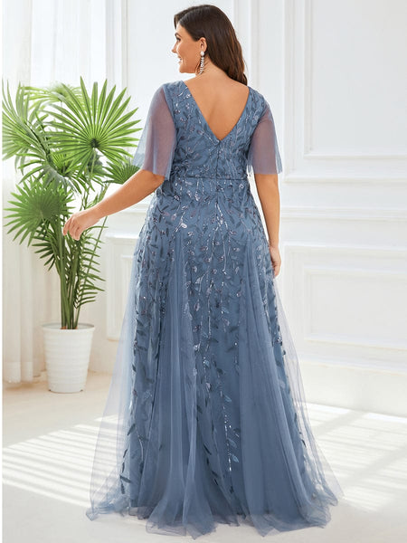 Women's Plus Size V-Neck Embroidered Tulle Evening Gown with Flutter Sleeves