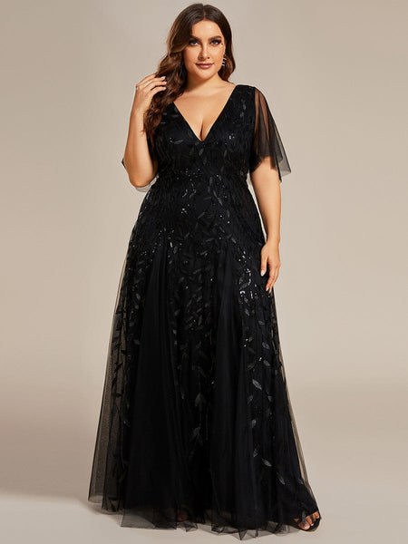 Women's Plus Size V-Neck Embroidered Tulle Evening Gown with Flutter Sleeves