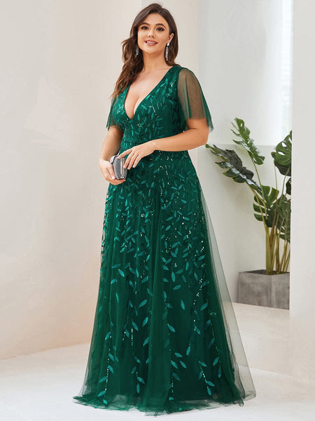 Women's Plus Size V-Neck Embroidered Tulle Evening Gown with Flutter Sleeves
