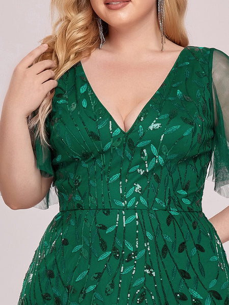 Women's Plus Size V-Neck Embroidered Tulle Evening Gown with Flutter Sleeves