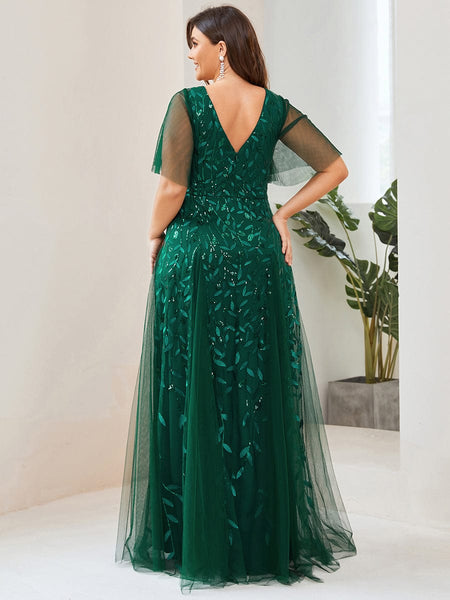 Women's Plus Size V-Neck Embroidered Tulle Evening Gown with Flutter Sleeves