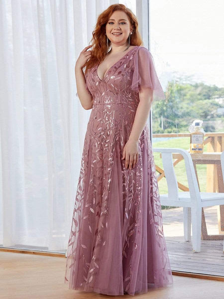 Women's Plus Size V-Neck Embroidered Tulle Evening Gown with Flutter Sleeves