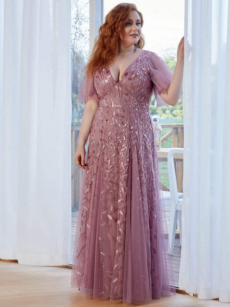 Women's Plus Size V-Neck Embroidered Tulle Evening Gown with Flutter Sleeves