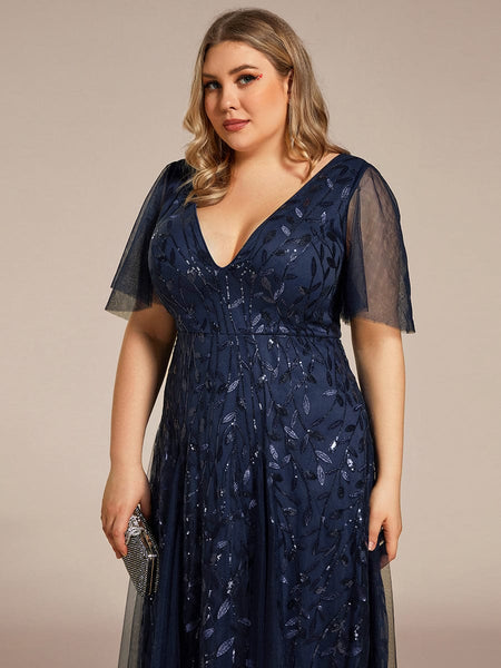 Women's Plus Size V-Neck Embroidered Tulle Evening Gown with Flutter Sleeves