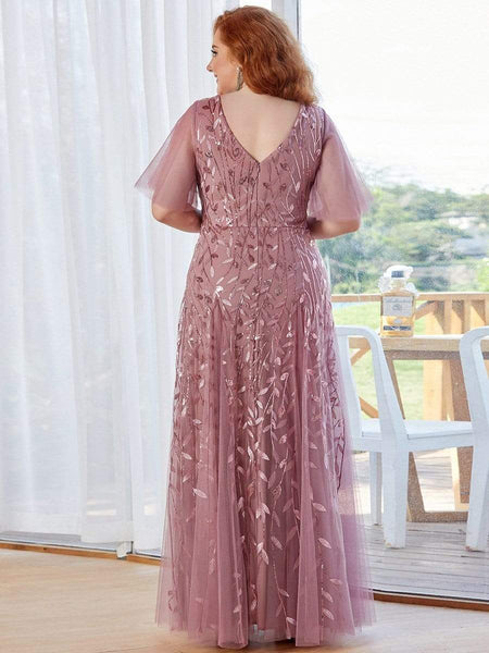 Women's Plus Size V-Neck Embroidered Tulle Evening Gown with Flutter Sleeves