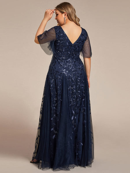 Women's Plus Size V-Neck Embroidered Tulle Evening Gown with Flutter Sleeves