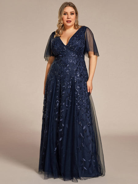 Women's Plus Size V-Neck Embroidered Tulle Evening Gown with Flutter Sleeves