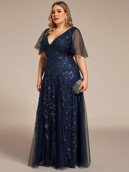 Women's Plus Size V-Neck Embroidered Tulle Evening Gown with Flutter Sleeves