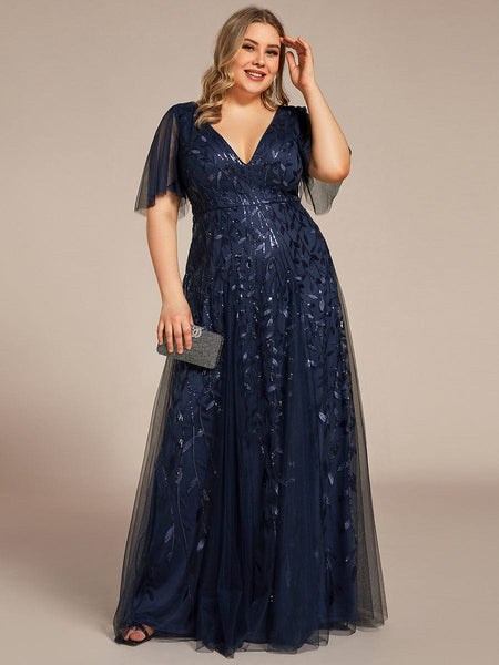 Women's Plus Size V-Neck Embroidered Tulle Evening Gown with Flutter Sleeves