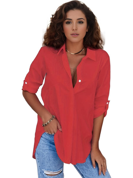 Women's Plus Size Cotton-Blend Relaxed Button-Up with Roll-Tab Sleeves made for easy styling and wardrobe coordination, with premium-like structure