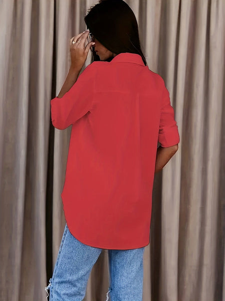 Women's Plus Size Cotton-Blend Relaxed Button-Up with Roll-Tab Sleeves made for easy styling and wardrobe coordination, with premium-like structure