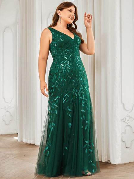 Women's Emerald Leaf Sequin Mermaid Plus Size Formal Gown