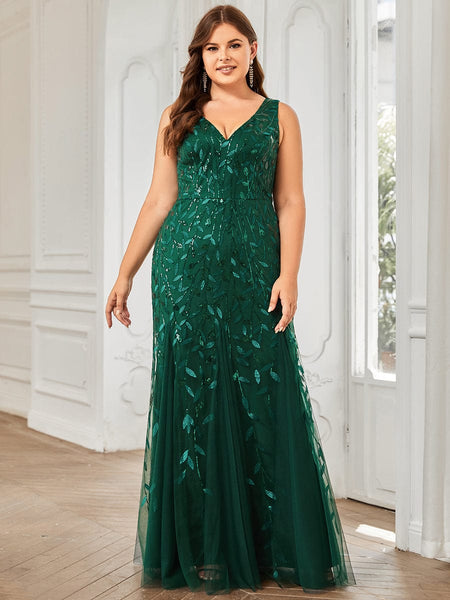 Women's Emerald Leaf Sequin Mermaid Plus Size Formal Gown