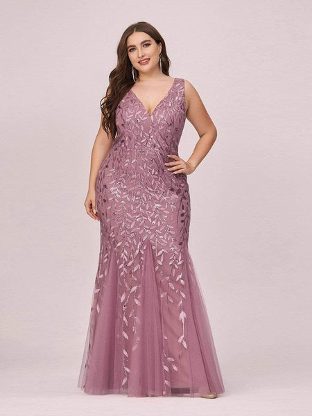 Women's Emerald Leaf Sequin Mermaid Plus Size Formal Gown