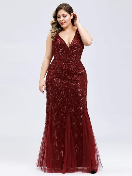 Women's Emerald Leaf Sequin Mermaid Plus Size Formal Gown