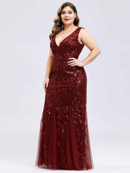 Women's Emerald Leaf Sequin Mermaid Plus Size Formal Gown