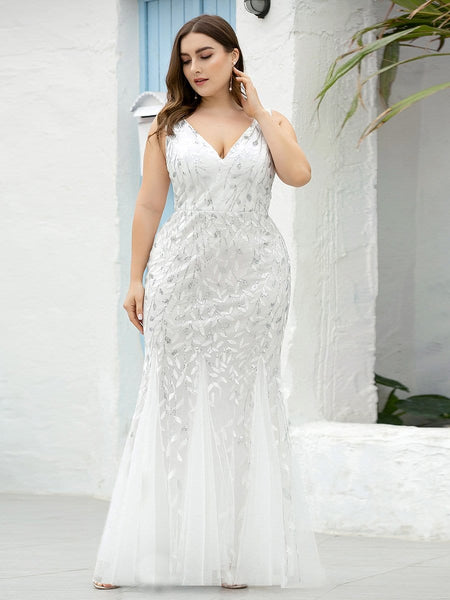 Women's Emerald Leaf Sequin Mermaid Plus Size Formal Gown