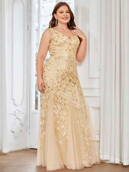 Women's Emerald Leaf Sequin Mermaid Plus Size Formal Gown