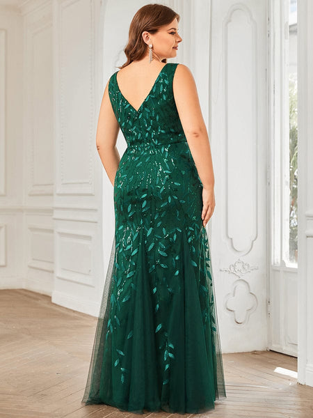 Women's Emerald Leaf Sequin Mermaid Plus Size Formal Gown