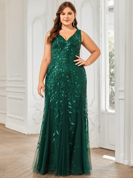 Women's Emerald Leaf Sequin Mermaid Plus Size Formal Gown