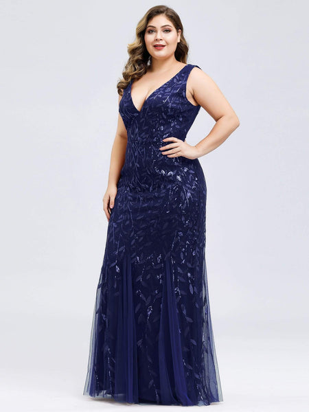 Women's Emerald Leaf Sequin Mermaid Plus Size Formal Gown