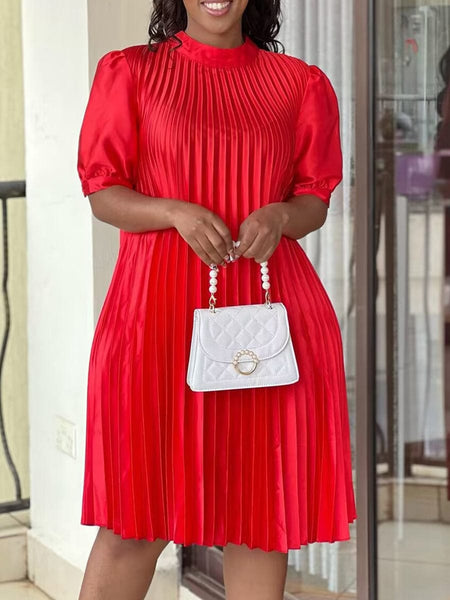 Women's Plus Size Round Neck Loose Casual Pleated Mini Dress