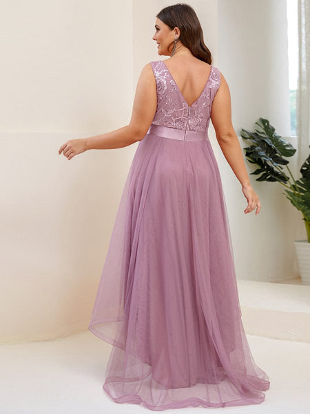 Plus Size Sequin High-Low Deep V Neck Tulle Evening Dresses