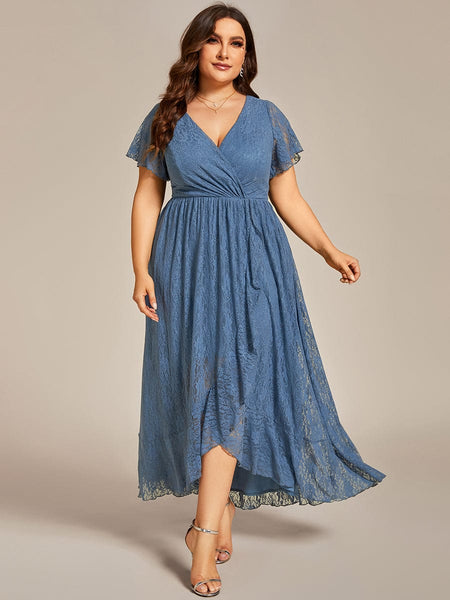 Plus Size Short Sleeve Ruffled V-Neck A-Line Lace Evening Dress