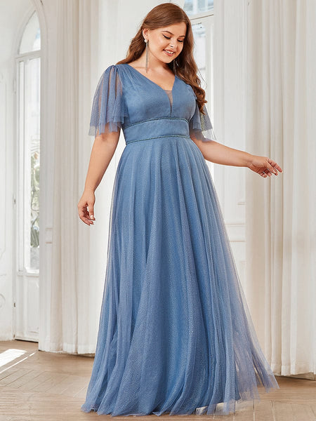 Plus Size V Neck Tulle Formal Evening Dress with Ruffle Sleeves