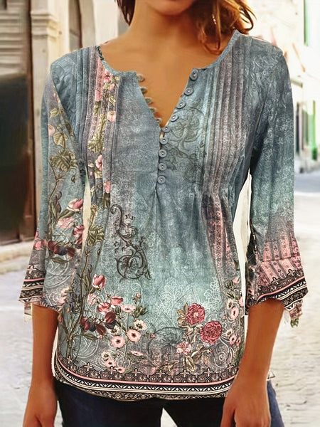 Plus Size Women's Floral Print Bell Sleeve Ruched Henley T-shirt