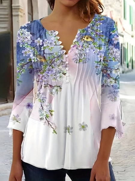 Plus Size Women's Floral Print Bell Sleeve Ruched Henley T-shirt