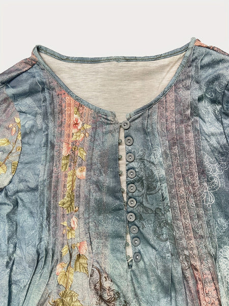 Plus Size Women's Floral Print Bell Sleeve Ruched Henley T-shirt