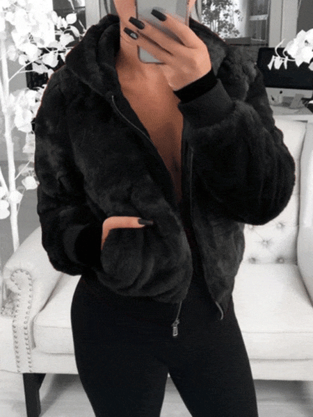 Women's Plush Hooded Pocket Zipper Coat in Coats with versatile layering silhouettes