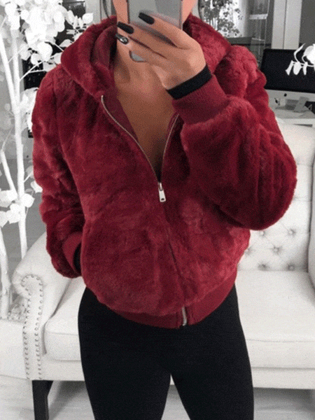 Women's Plush Hooded Pocket Zipper Coat in Coats with versatile layering silhouettes