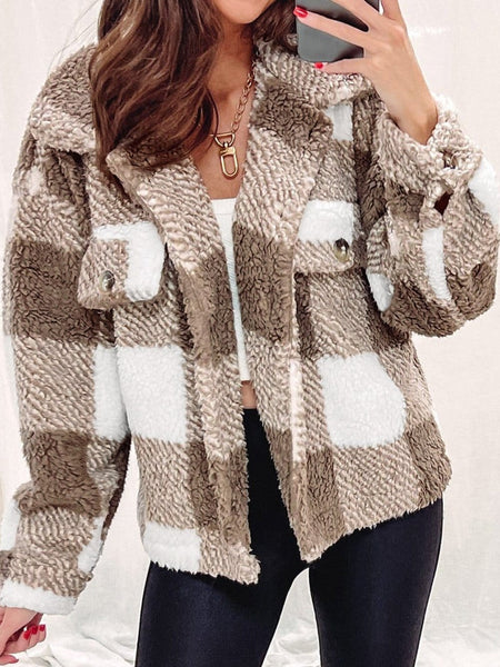 Women's Fuzzy Checkered Fleece Jacket