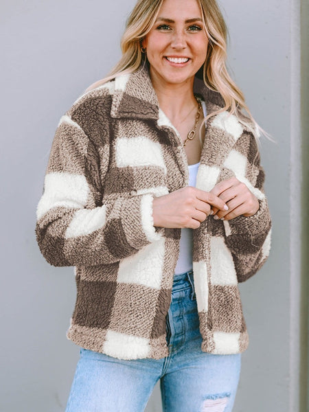 Women's Fuzzy Checkered Fleece Jacket