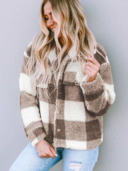 Women's Fuzzy Checkered Fleece Jacket