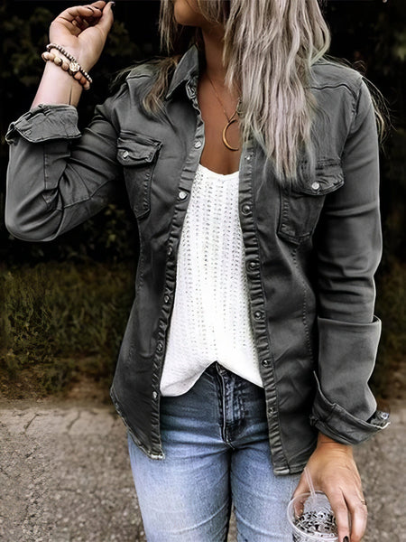 Women's Pocket Button Long Sleeve Denim Shirt Jacket