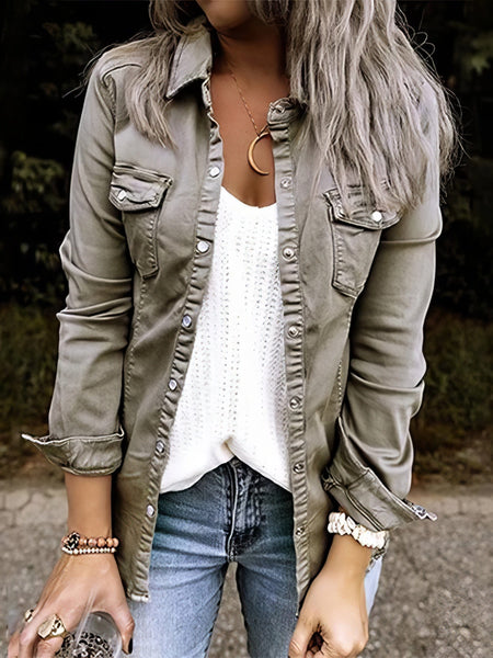 Women's Pocket Button Long Sleeve Denim Shirt Jacket