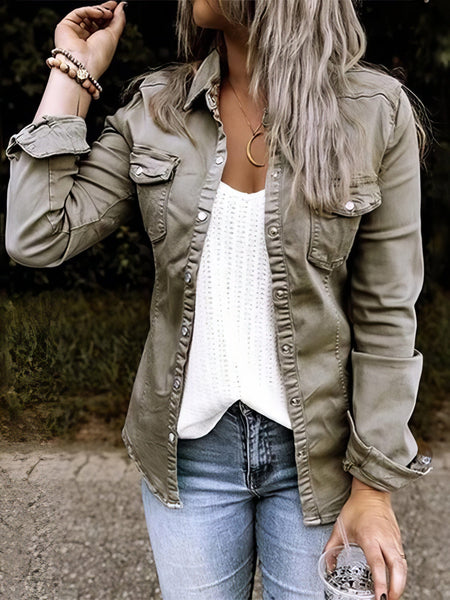 Women's Pocket Button Long Sleeve Denim Shirt Jacket