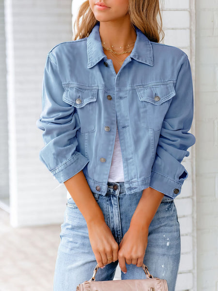 Women's Cropped Cotton Denim Jacket with Utility Chest Pockets made for easy styling and wardrobe coordination, with premium-like structure and