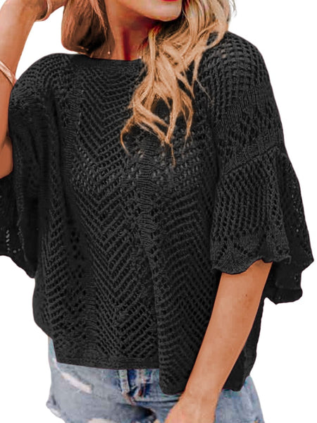 Pointelle Knit Black Scallop Trim Short Sleeve Top