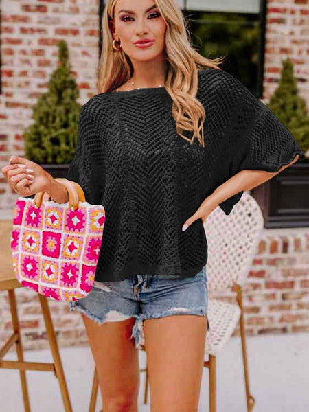Pointelle Knit Black Scallop Trim Short Sleeve Top