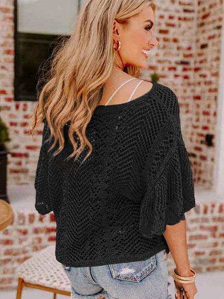 Pointelle Knit Black Scallop Trim Short Sleeve Top