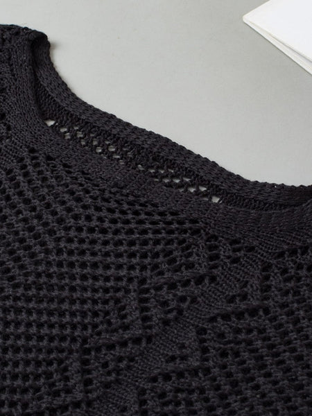 Pointelle Knit Black Scallop Trim Short Sleeve Top
