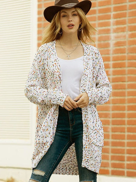 Polka Dot Print Mid-Length Loose Cardigan Sweater With Long Sleeves