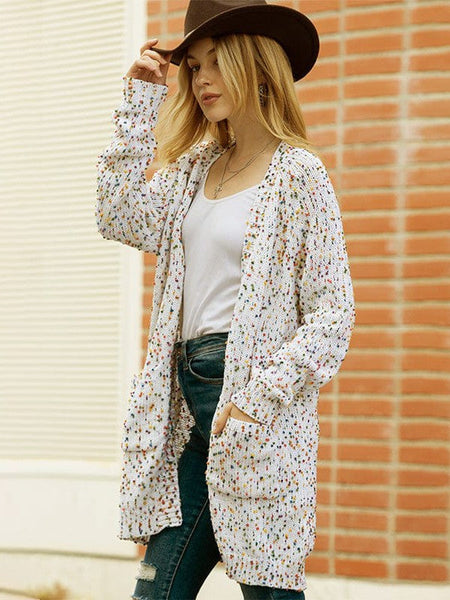 Polka Dot Print Mid-Length Loose Cardigan Sweater With Long Sleeves