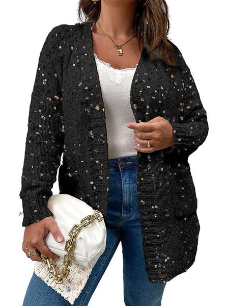 Polka Dot Print Mid-Length Loose Cardigan Sweater With Long Sleeves