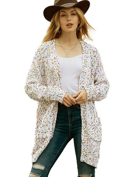 Polka Dot Print Mid-Length Loose Cardigan Sweater With Long Sleeves